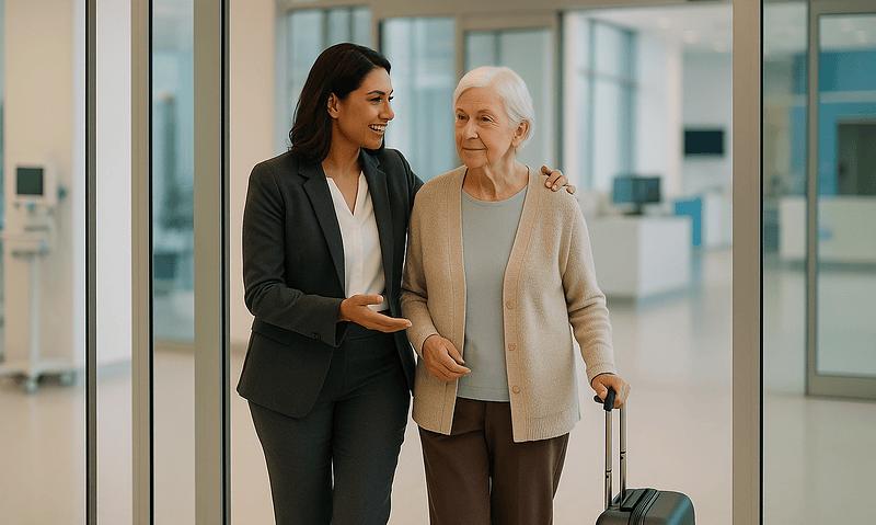 Hospital staff assisting elderly patient with luggage in modern hospital lobby.