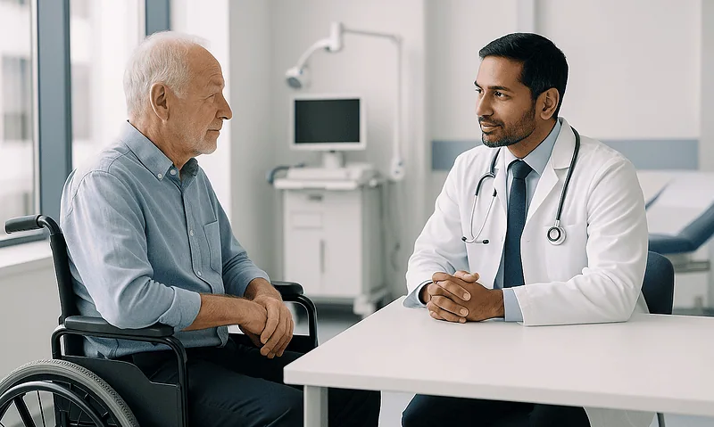 Doctor consulting with elderly patient in hospital room.