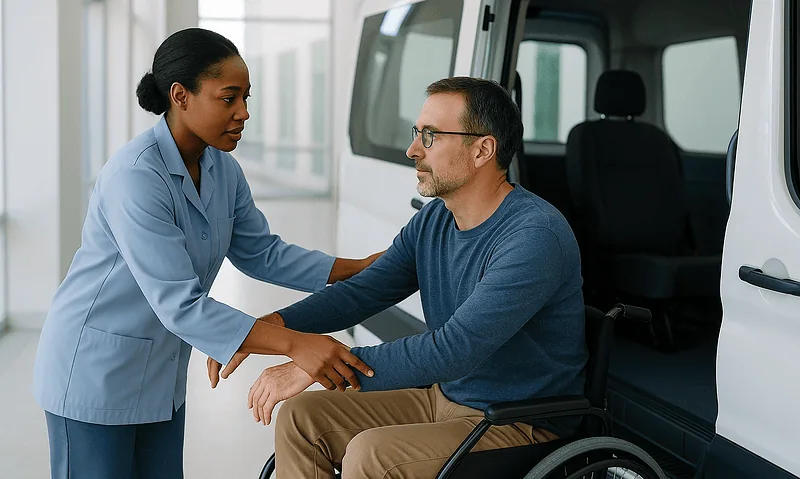 Healthcare professional assisting a patient in a wheelchair outside a medical facility.