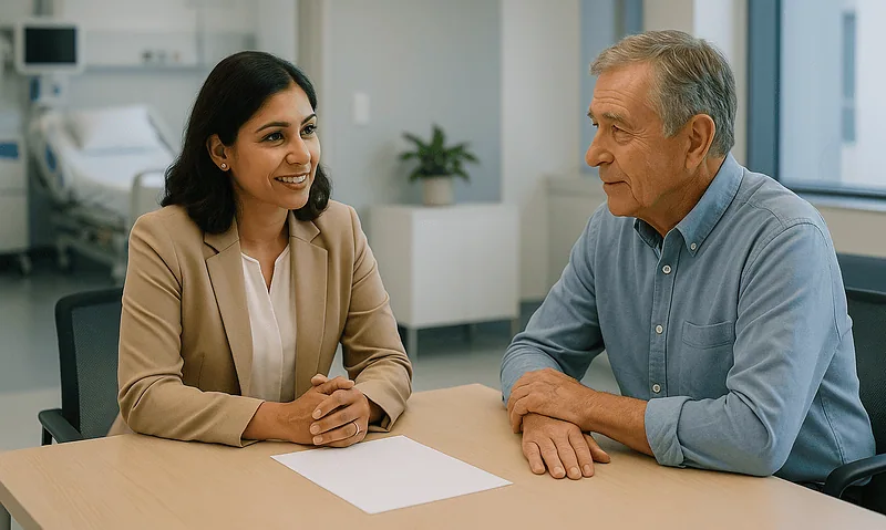 Doctor consulting with a patient in a modern hospital room.