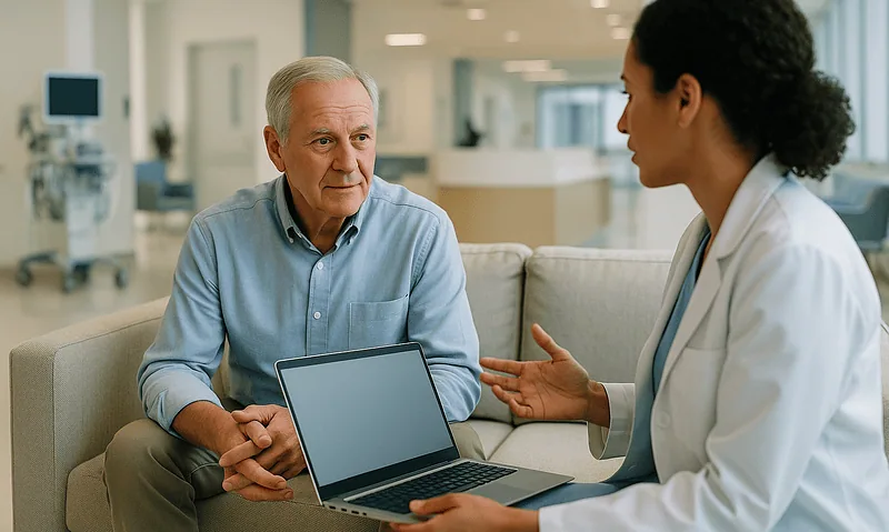 Doctor consulting with elderly patient in hospital lounge in Turkey.
