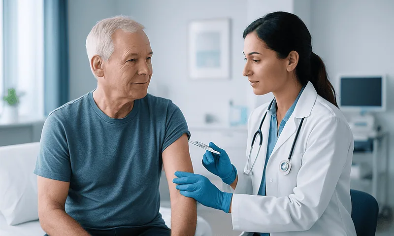 Doctor administering injection to male patient in clinic setting.