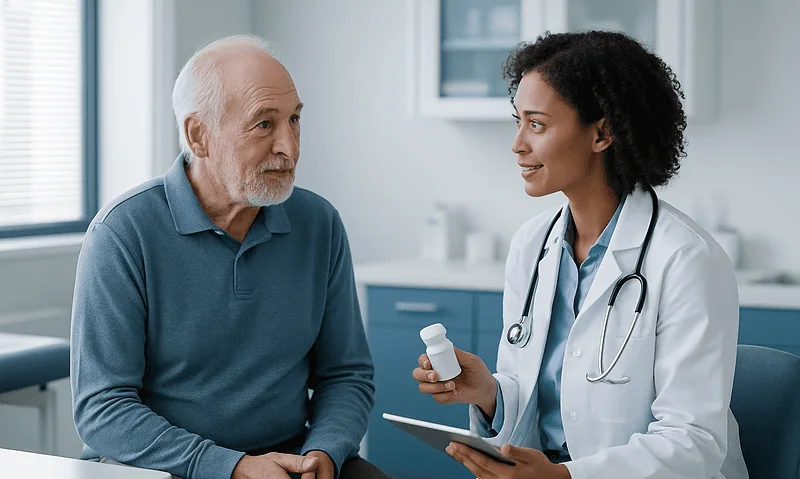 Urologist consulting with senior male patient in a medical office.