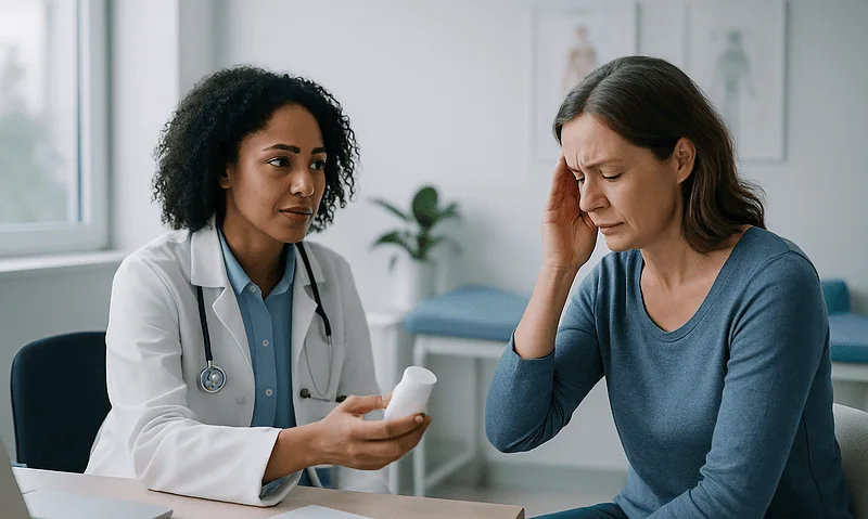 Doctor consulting with a woman experiencing headache pain in a medical office.
