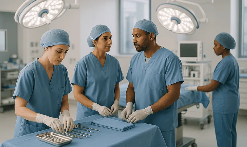 Medical team preparing surgical instruments in an operating room.