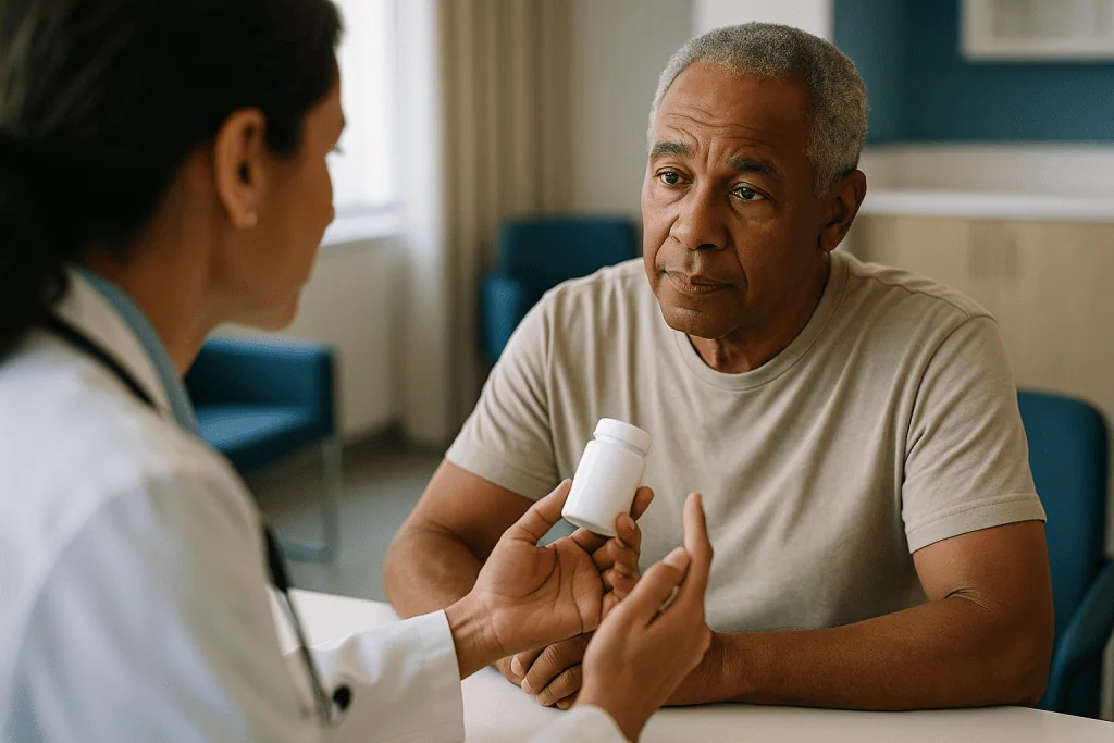 Healthcare provider consultation with patient holding medication bottle: Medication review before colon surgery: what your t