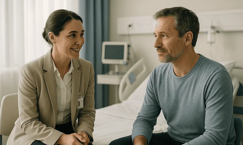 Doctor consulting patient in hospital room at Acibadem Hospitals Group.