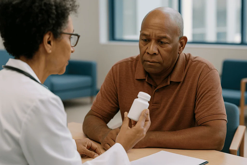 Healthcare provider discussing medication with adult patient: Medications that harm kidneys: the five main ways damage happe