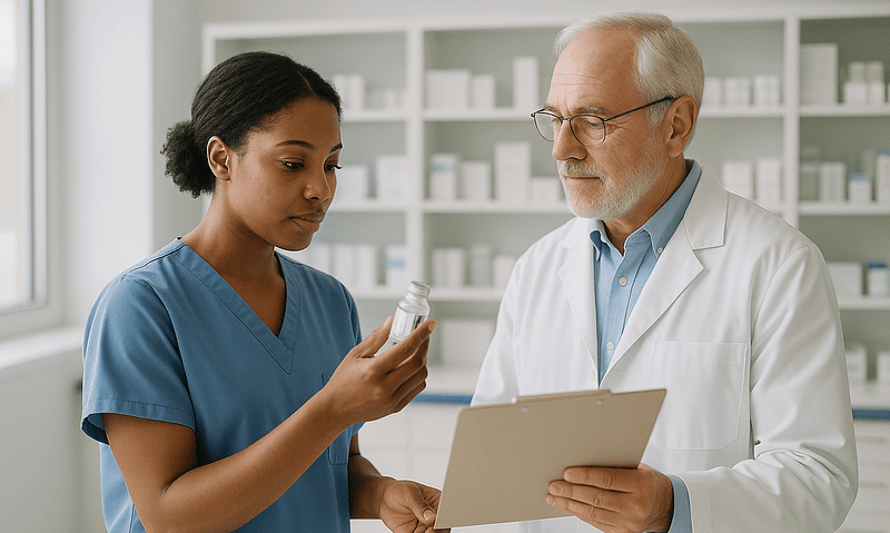 Pharmacist and doctor discussing medication in a pharmacy setting.