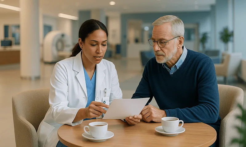 Doctor consulting with senior patient in hospital lounge.
