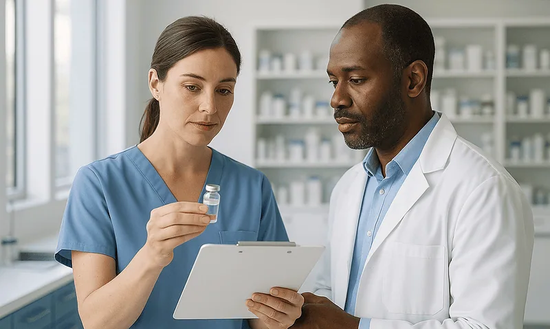 Pharmacist showing medication to a healthcare professional in a pharmacy setting.