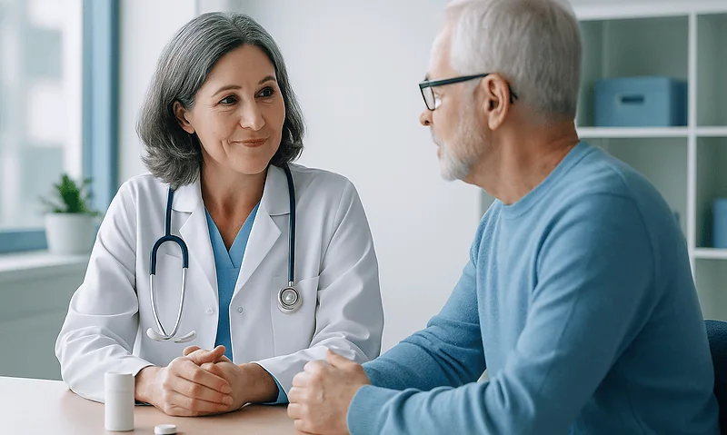 Doctor consulting with an elderly male patient in a medical office.