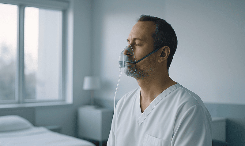 Doctor with nasal oxygen mask in a hospital room.
