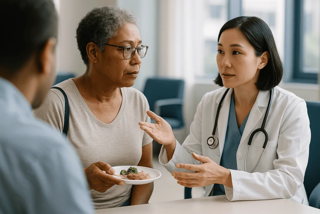 Doctor consulting patients about nutrition and diet: Medullary thyroid carcinoma and MEN 2: the conditions that rule the dru