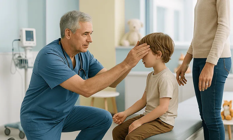 Pediatric doctor examining a young boy in a hospital setting.