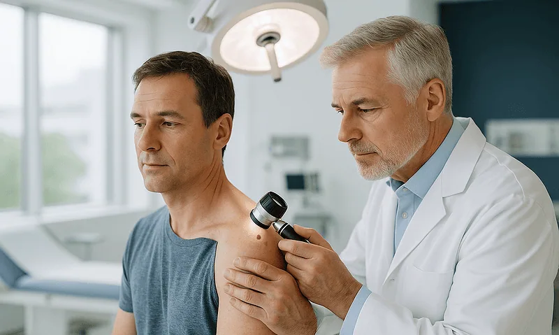 Doctor examining patient's skin for melanoma in a clinical setting.
