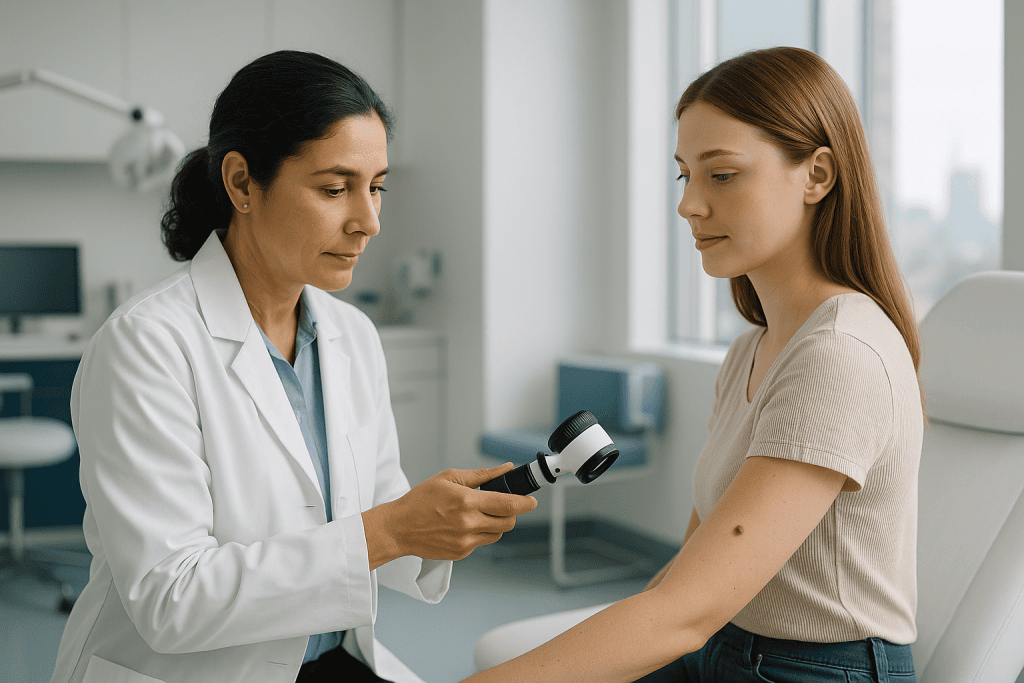 Melanoma Skin Cancer 1 Dermatologist examining a patient's skin with a dermatoscope in a clinical setting.