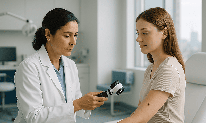 Dermatologist examining a patient's skin with a dermatoscope in a clinical setting.