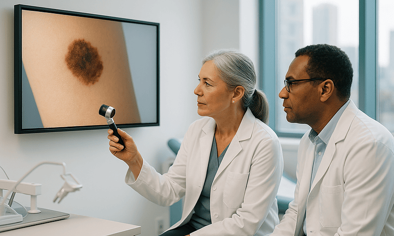 Dermatologist examining a mole on a monitor for melanoma detection.
