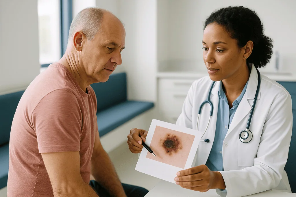 Doctor discussing skin lesion photograph with patient: Melanoma stages explained: what depth, ulceration and lymph nodes tel