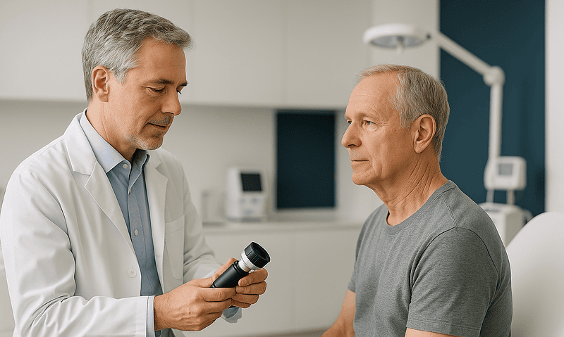 Doctor examining a patient with a dermatoscope in a clinical setting.