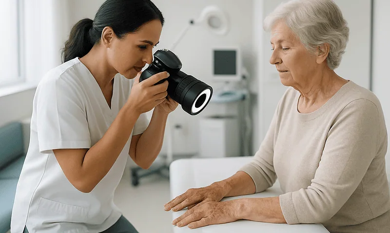 Dermatologist examining elderly woman's skin closely with a magnifying glass.