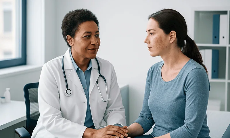 Doctor consulting with a patient about skin pigmentation treatment options.