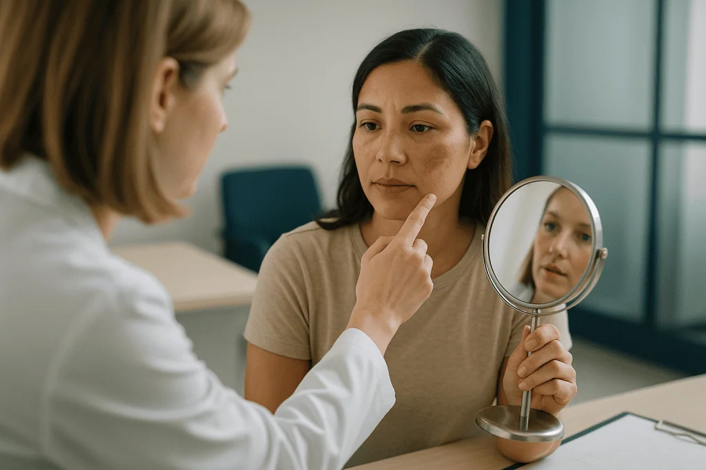 Dermatologist examining patient's facial pigmentation with mirror: Melasma vs sun spots vs post-inflammatory marks: how the 