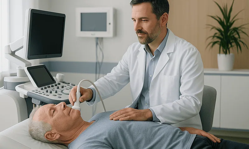 Doctor performing an ultrasound examination on an elderly patient in a medical clinic.