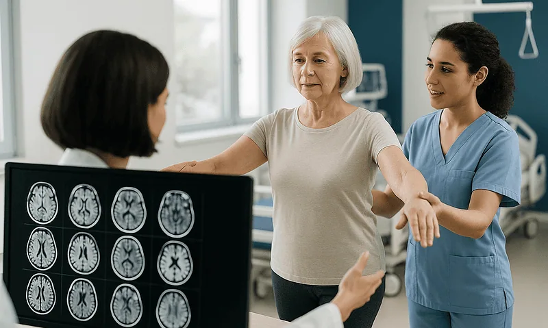 Elderly woman undergoing neurological examination with medical staff.