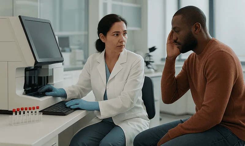 Doctor consulting with patient about meningitis symptoms at hospital.