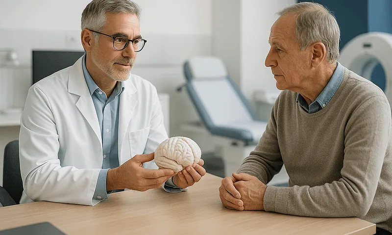 Doctor explaining brain health to an elderly patient in a medical consultation.