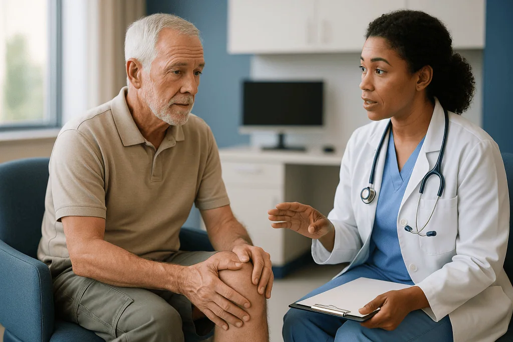 Doctor consulting with older male patient in clinic: Meniscectomy vs meniscus repair: the detail that matters most years lat