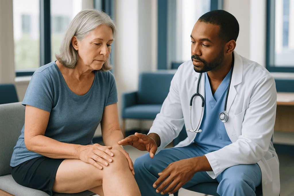 Doctor examining patient's knee during consultation: Meniscectomy vs. meniscus repair: why swelling patterns differ