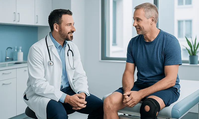 Meniscus Repair Recovery: Why Saving the Meniscus Takes Longer 4 Doctor consulting with patient about knee injury and recovery options.