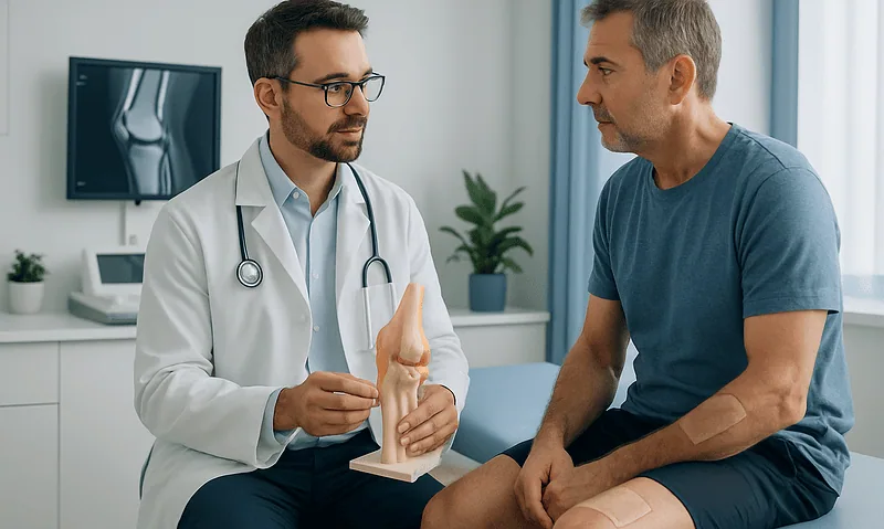 Orthopedic doctor explaining meniscus injury to patient with knee model.
