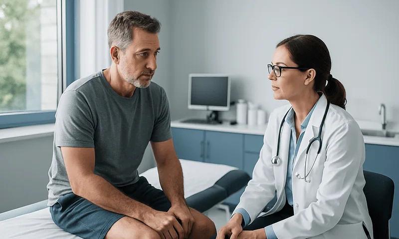 Doctor consulting with male patient in a hospital room.