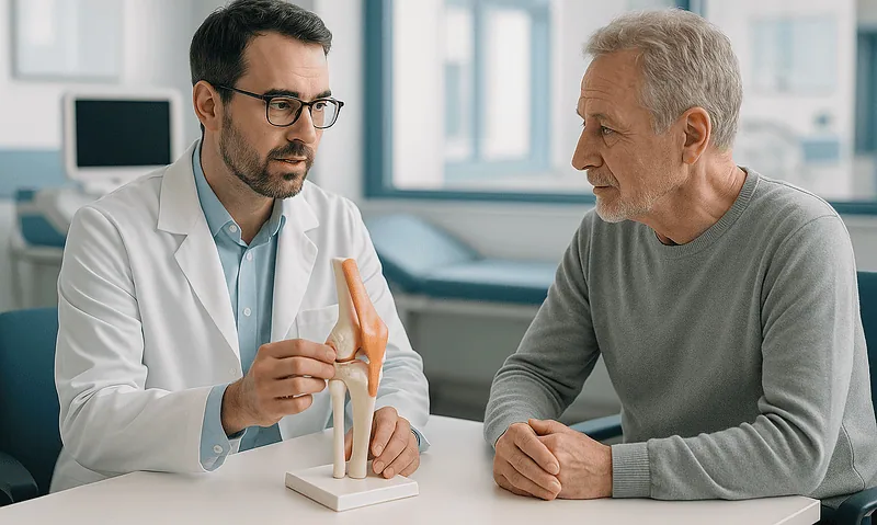 Doctor explaining meniscus surgery recovery to an elderly patient with knee model.