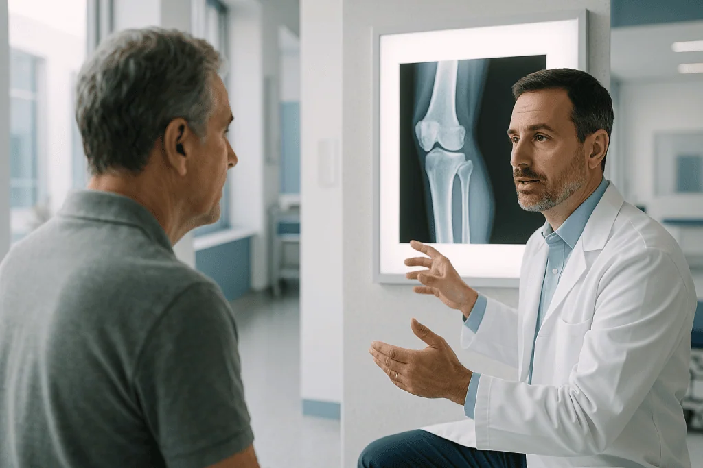Meniscus Tear 1 Orthopedic doctor explaining knee X-ray to patient in hospital.