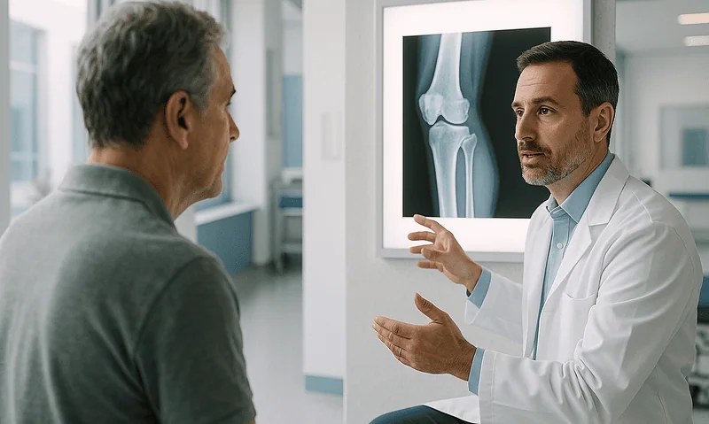 Orthopedic doctor explaining knee X-ray to patient in hospital.