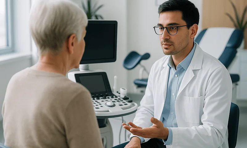Doctor consulting with an elderly woman in a medical office setting.