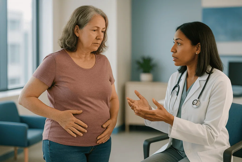 Doctor consulting with middle-aged woman about abdominal symptoms: Menopause and belly fat: why weight moves to the middle