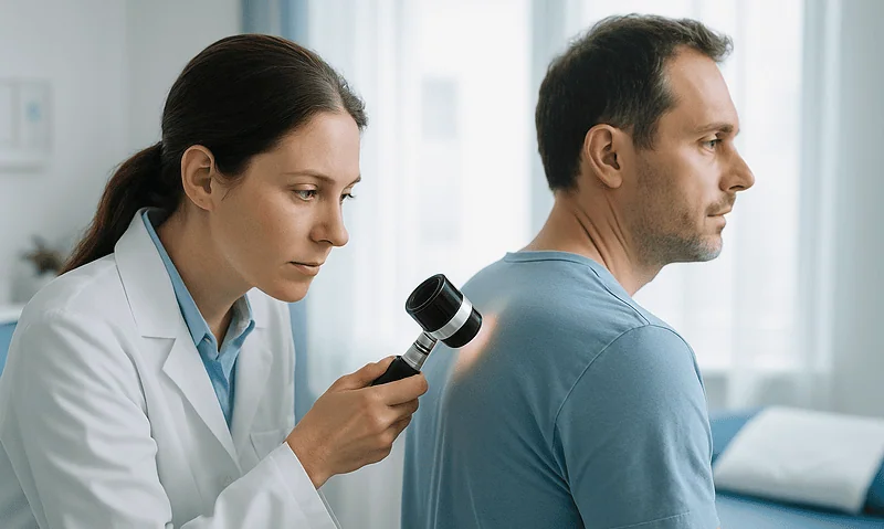 Doctor examining a man's skin with a dermatoscope in a clinical setting.