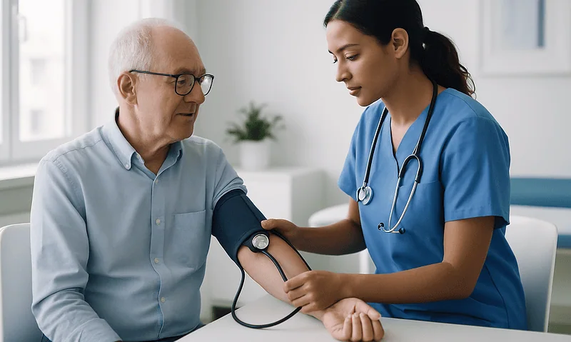 Doctor measuring blood pressure of an elderly male patient in a clinic.