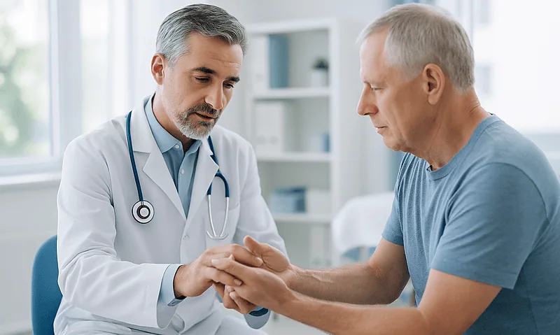 Doctor comforting a patient with joint pain in a clinical setting.