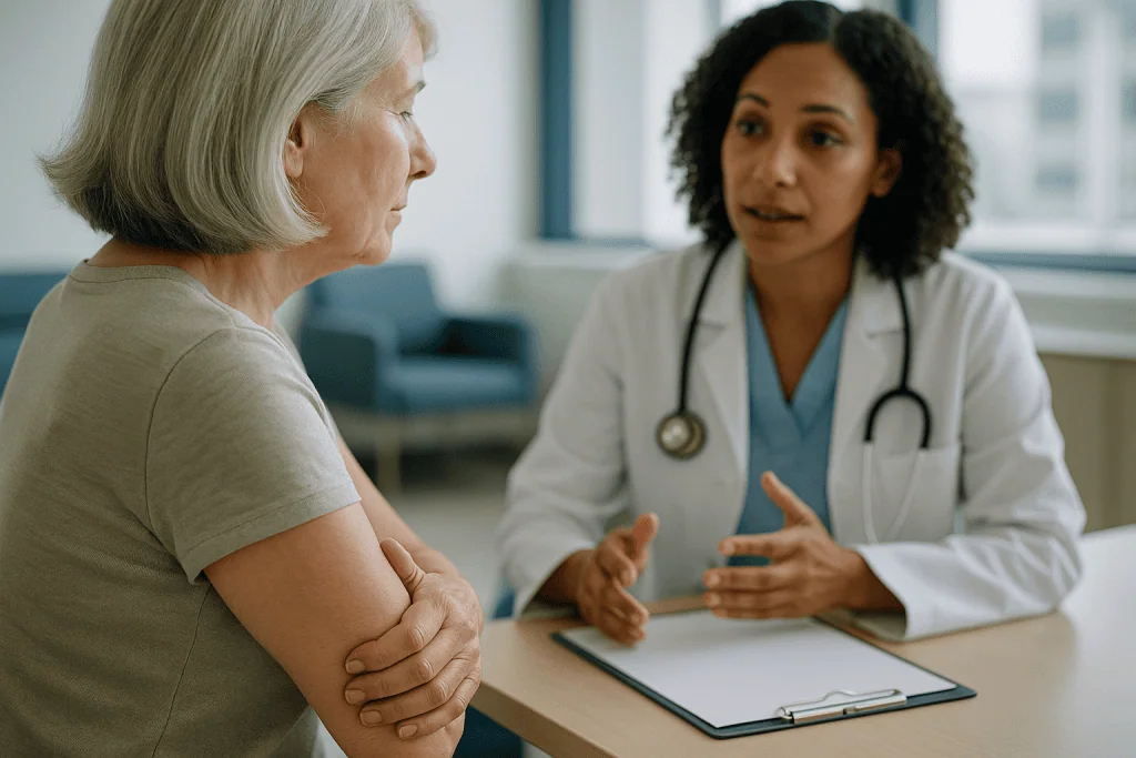 Female doctor consulting senior woman patient in clinic: Menopause joint pain: what changed recently