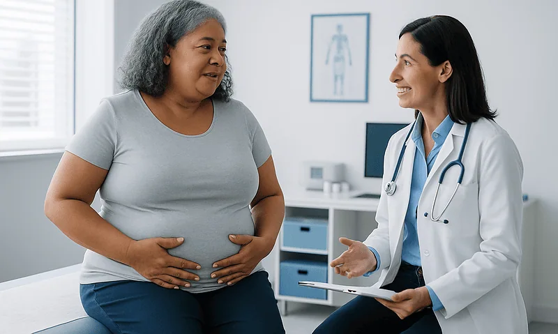 Doctor consulting with middle-aged woman about menopause health.