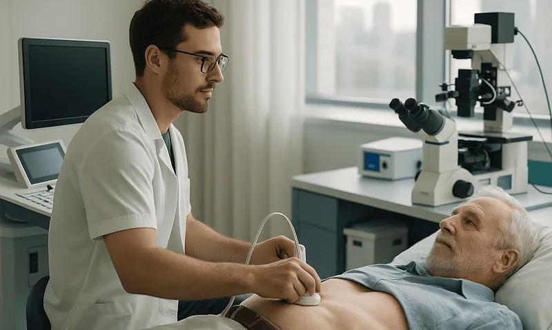 Doctor performing ultrasound examination on a patient in a hospital room.