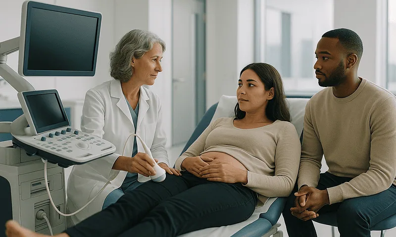 Doctor consulting with pregnant woman and partner in hospital.