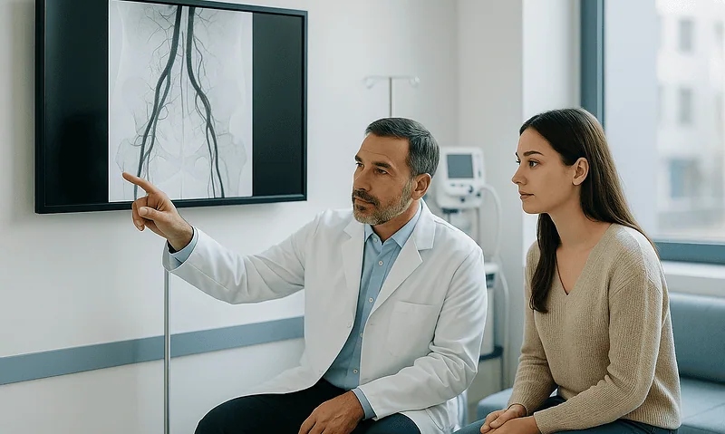 Doctor explaining mesenteric artery scan to patient in hospital.